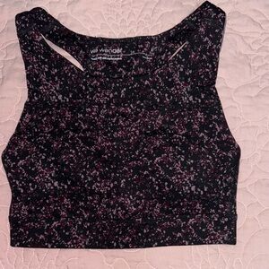 We Wander Black Crop Top with Pink Speckle Print